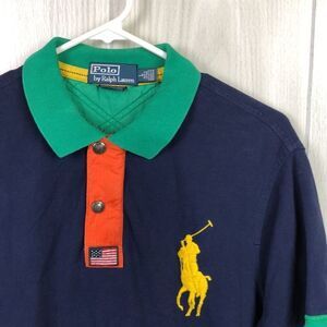 Polo Ralph Lauren Mens L Custom Slim Fit‎ Navy Multi Big Pony Polo Shirt Block